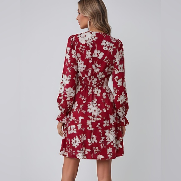 Red Boho Floral Print Knot Front Flounce Sleeve Dress - Picture 4 of 9